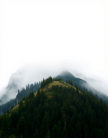 Foggy mountain landscape with pine trees in the foreground, Austria