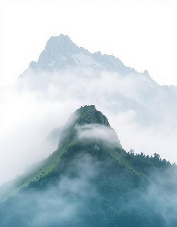 Mountain landscape with clouds and fogの写真素材
