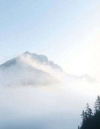 mountain with fog in the morning, South Tyrol, Italyの写真素材