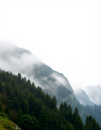 Foggy morning in the mountains with coniferous forest.の写真素材