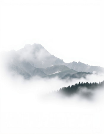 Mountain landscape with fog and clouds, Caucasus Mountains, Georgia.