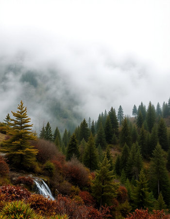 Autumn in the mountains with fog and coniferous trees.