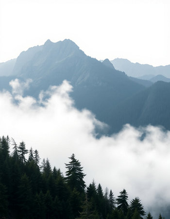 Foggy mountain landscape with coniferous forest in the foreground