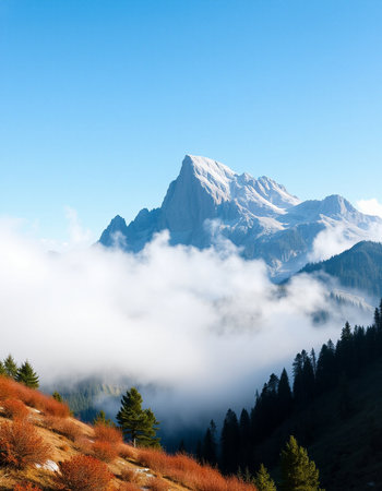 Beautiful view of the mountains in the clouds.の写真素材