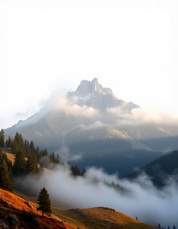 Mountain landscape with fog in the morning. Dolomites, Italyの写真素材