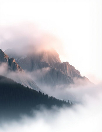 Mountain landscape with fog in the morningの写真素材