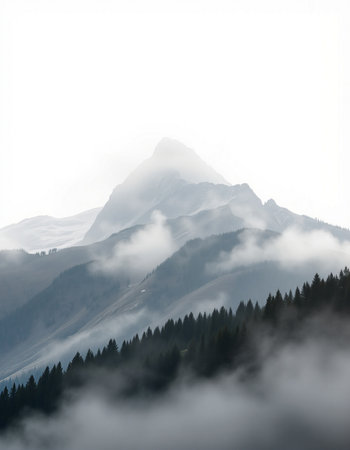 Foggy mountain landscape in Dolomites mountains, Italy.