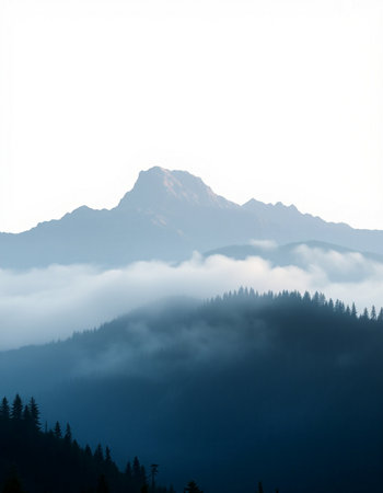 Mountain landscape with fog and coniferous forest in the foreground