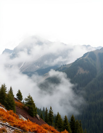Mountain landscape with fog and clouds. Caucasus Mountains, Georgia.