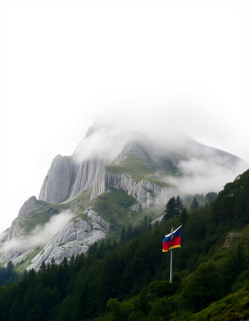 Flag on top of the mountain with clouds in the backgroundの写真素材