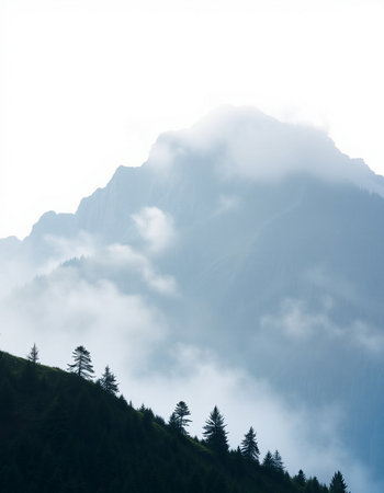 Mountain landscape with coniferous forest in the fog, Italy