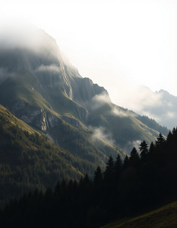 Mountain landscape with fog in the morning. Dolomites, Italy