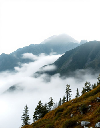 Mountain landscape with fog and clouds. Caucasus, Dombay