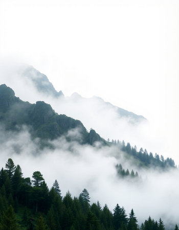 Foggy mountain landscape with coniferous forest in the foregroundの写真素材