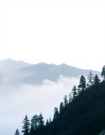 Mountain landscape in the morning mist. Foggy morning in the mountains.