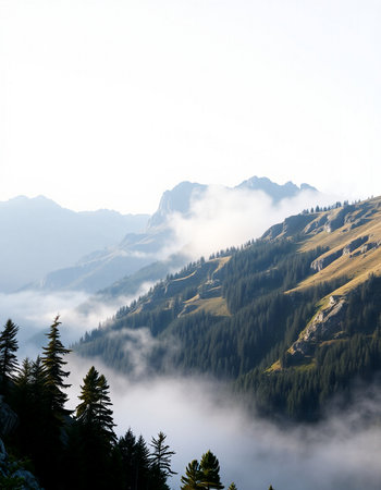 Foggy mountain landscape in the Dolomites, Italy.