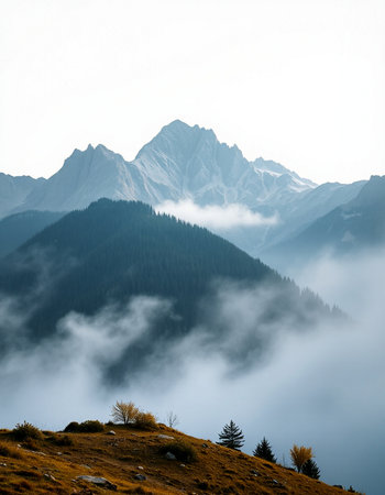 Mountain landscape with fog in the morning. Caucasus, Georgia.