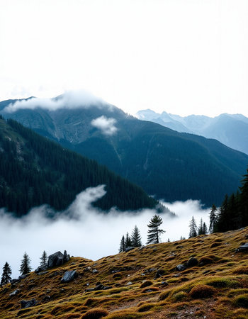 beautiful mountain landscape with fog in the italian alps.