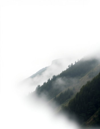 Foggy morning in the mountains of the Caucasus, Russia.