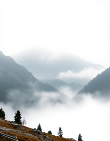 Foggy morning in the mountains, Carpathians, Ukraineの写真素材
