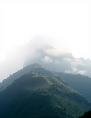 Mountain landscape with fog in the morning, closeup of photoの写真素材