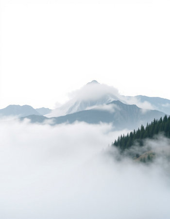 Mountain landscape with fog and coniferous forest in the morning