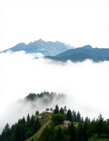 Foggy mountain landscape in the Carpathian Mountains, Ukraineの写真素材