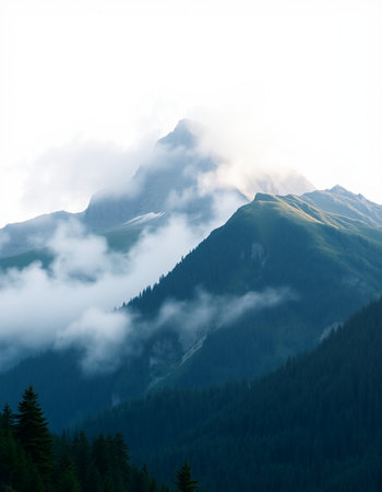 Mountain landscape with fog in the morning. Caucasus, Russia.
