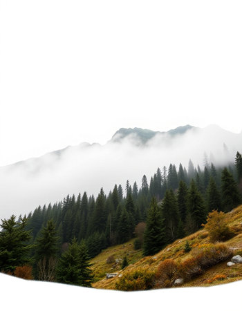 Mountain landscape with forest and fog on a cloudy day in autumn