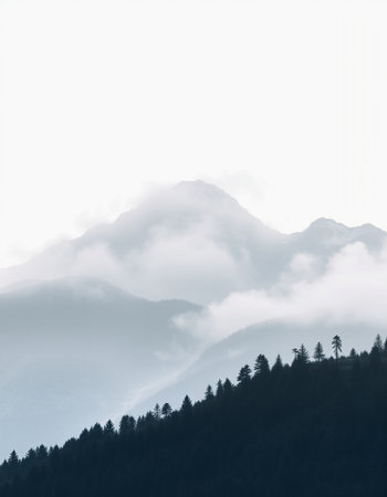 Silhouette of coniferous forest on the background of mountainsの写真素材