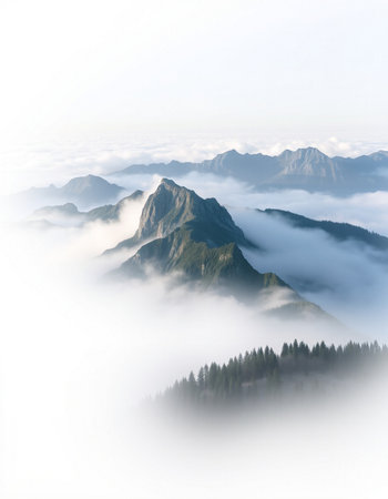 Mountain landscape with fog in the morning. North Caucasus, Russiaの写真素材