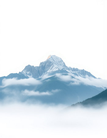 Mountain landscape with snow and fog in Himalayas, Nepalの写真素材