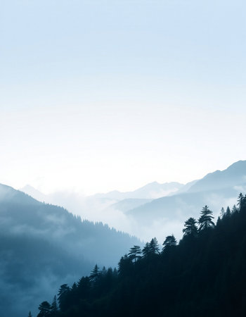 Mountain landscape with fog and coniferous forest in the morningの写真素材