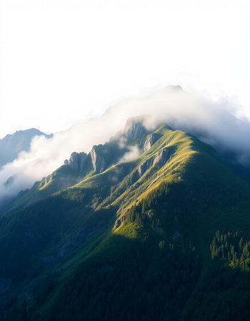 Mountain landscape with fog in the morning. Caucasus Mountains, Georgia.の写真素材