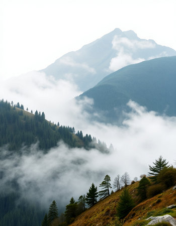 Foggy mountain landscape with coniferous forest in the foregroundの写真素材