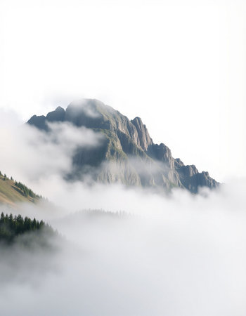 Foggy mountain landscape in the Dolomites, Italy.