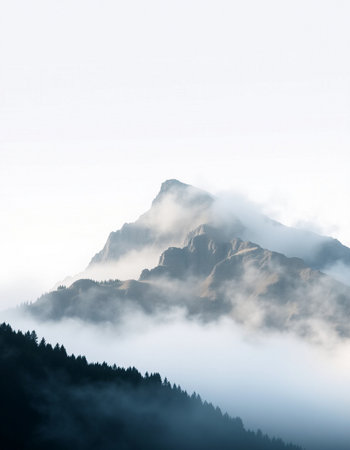 Mountain landscape with fog and clouds.