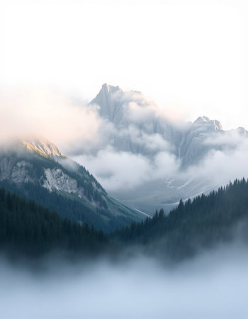 Mountain landscape with fog in the italian dolomitesの写真素材