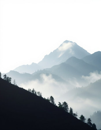 Mountain landscape with fog and coniferous forest in the morning