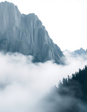 Mountain landscape with clouds and fog. Peaks of mountains in the mist.