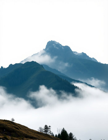 Mountain landscape with clouds and fog. Caucasus Mountains, Georgia.