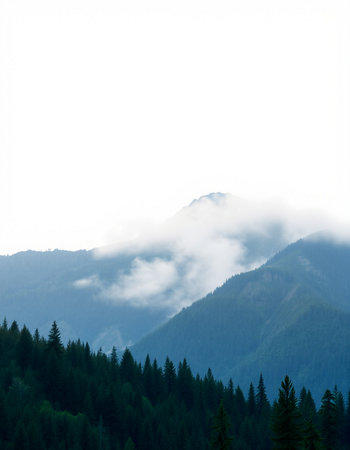Mountain landscape with fog and coniferous forest on the slopeの写真素材