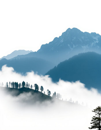 Beautiful mountain landscape with fog and coniferous forest in the foreground
