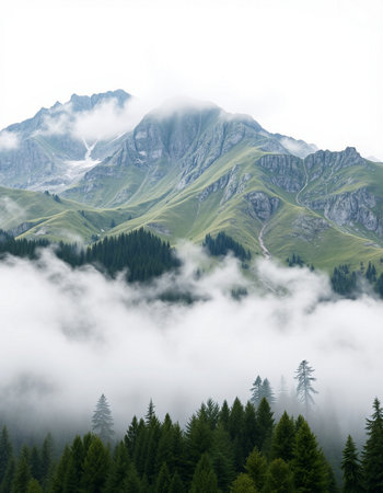 Mountain landscape with coniferous forest and fog in the valley