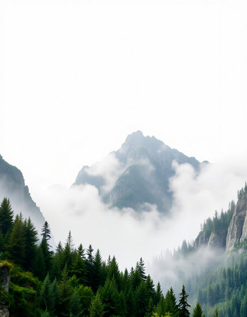 Mountain landscape with fog and pine trees in the foreground, Austria
