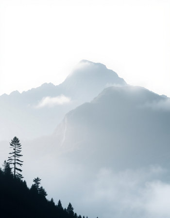 Mountain landscape with fog and a pine tree on the foreground.