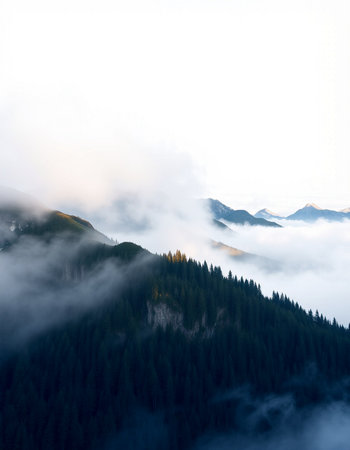 Mountain landscape with coniferous forest on a foggy dayの写真素材