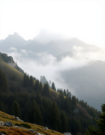 Mountain landscape with fog and clouds in the italian alps