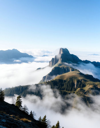 Mountain landscape with fog and clouds. Dolomites, Italyの写真素材