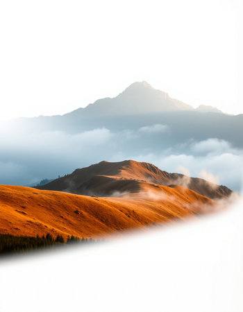 Mountain landscape with fog in the morning. Caucasus, Russia.